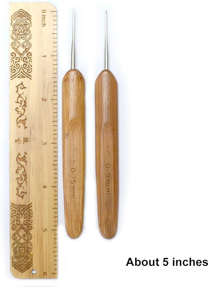Luwigs Dreadlocks Crochet Hooks for Hair 2pcs/Set (0.5mm+0.75mm) Bamboo Handle Locs Crochet Needle Steel Crochet Hook Lock for Braid Craft