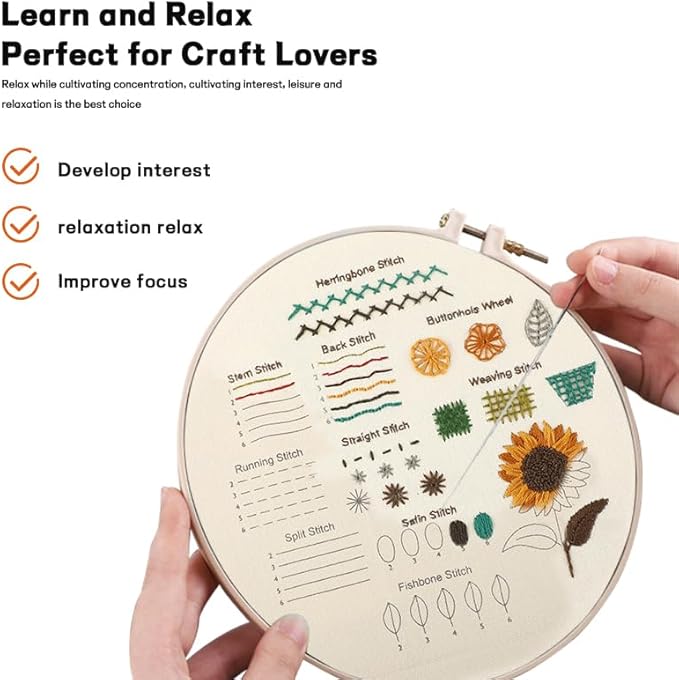 JOINRUN 4 Pack Beginner Embroidery Kit for Adults, Learn Stitches with Pre-Stamped Patterns, Step-by-Step Guide & Video, 7.8" Hoop, Threads & Needles, DIY Needlework Craft Gift for Women