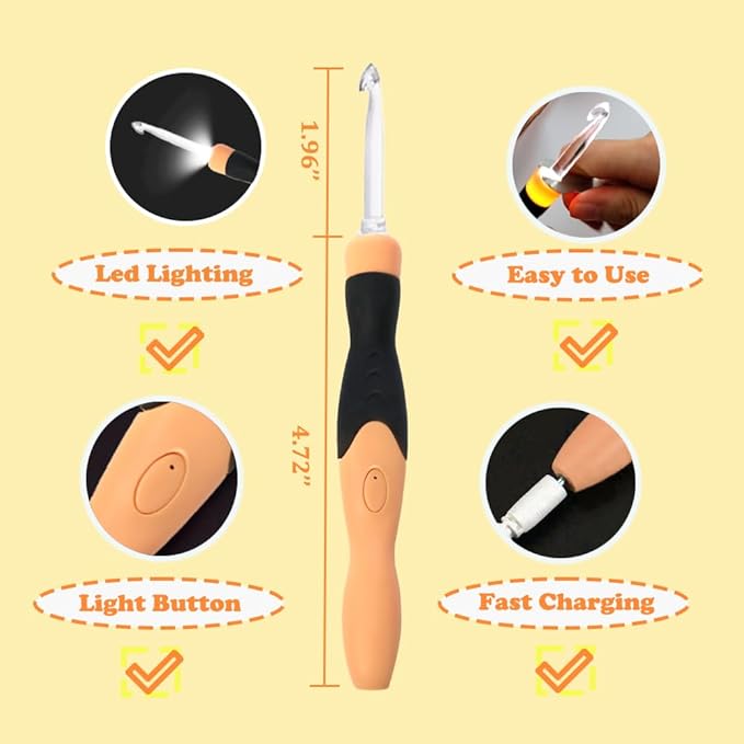 lewhoo 17 sizes light up crochet hooks 2.5mm~14.0mm,rechargeable light up crochet hooks with case