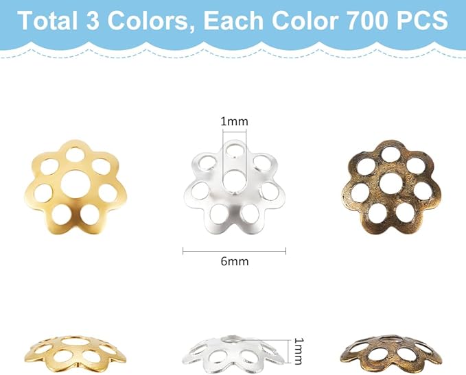 UNICRAFTALE About 2100Pcs 3 Colors Bead Caps Filigree Bead End Caps Metal Flower End Caps Hollow Multi-Petal Beads Cap for Bracelet Jewelry Making Supplies
