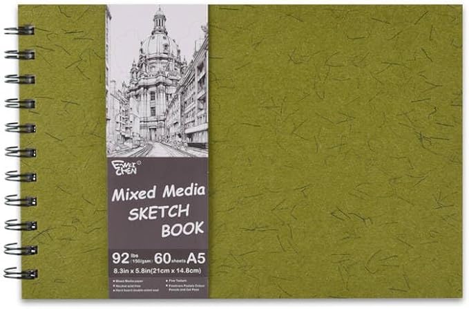 5.8" x 8.3" Mixed Media Sketch Book,Spiral Bound Hardcover Sketchbook,60 Sheets 92lb/150gsm Neutral White Acid Free Paper,Art Journal Sketchbook for Drawing Writing Sketching Illustration,Yellow Green