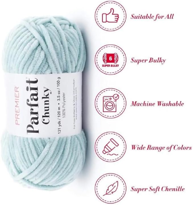 Premier Yarns Parfait Chunky Chenille Yarn 3.5 Oz 6 Super Bulky Weight 3 Pack Bundle with Bella's Stitch Place Holders (Rain)