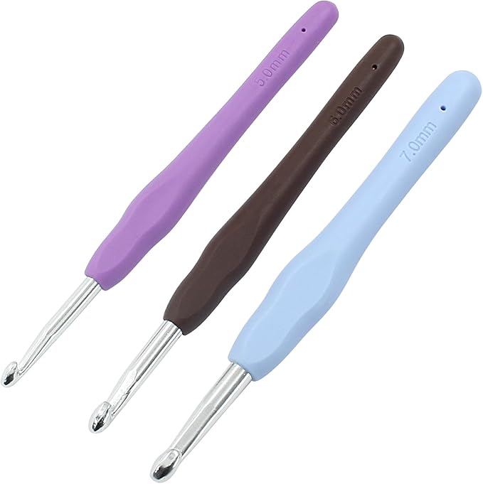 suiwotin 3pcs/Set 5mm/6mm/7mm Crochet Hook, Aluminum Crochet Hook Set, Rubber Handle Ergonomic Knitting Needles for Yarn DIY Crafts Projects