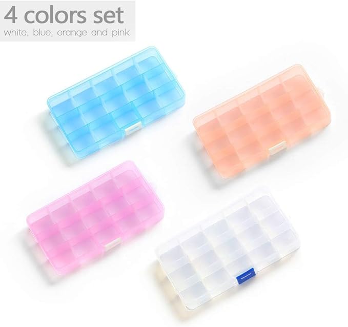 Opret 15 Girds Bead Organizer(4 Pack), Earring Organizer Box, SMALL Plastic Containers with Adjustable Dividers for Crafts Jewelry Screws Fishing Tackles Small Items, Size 6.9×3.9×0.9in