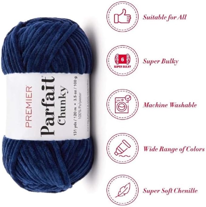 Premier Yarns Parfait Chunky Chenille Yarn 3.5 Oz Super Bulky Weight 3 Pack Bundle with Bella's Stitch Place Holders (Navy)