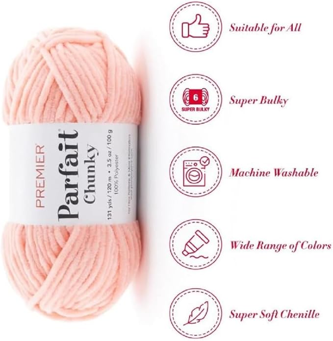 Premier Yarns Parfait Chunky Chenille Yarn 3.5 Oz 6 Super Bulky Weight 3 Pack Bundle with Bella's Stitch Place Holders (Peach)