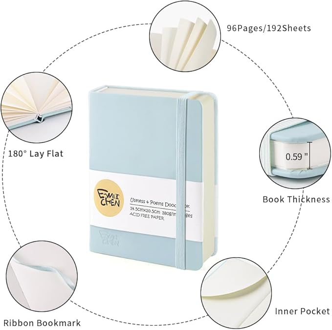 Small Blank Notebook, 96Pages, Hardcover Sketch Book for Drawing, 5.7x4.1 Pocket Journal Notebook for Travel, 180gsm Thick Paper Diary Notebooks for Work, Leather Cover Memo for Writing. Light Blue
