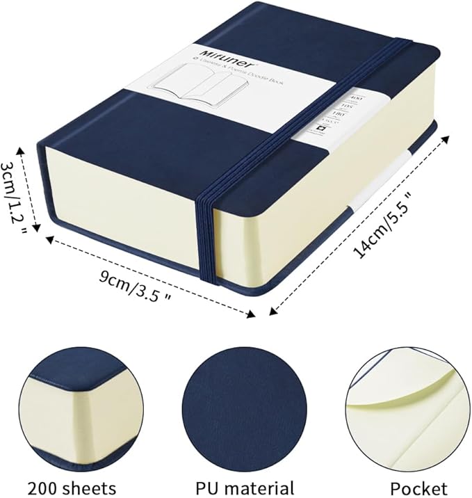 Mifuner Small Rectangle 3.5x5.5 200 Sheets 105gsm Mini Notebooks Blank Pages Sketchbooks Pocket Paint Writing Diary Memo PU Leather Cover Deep Blue
