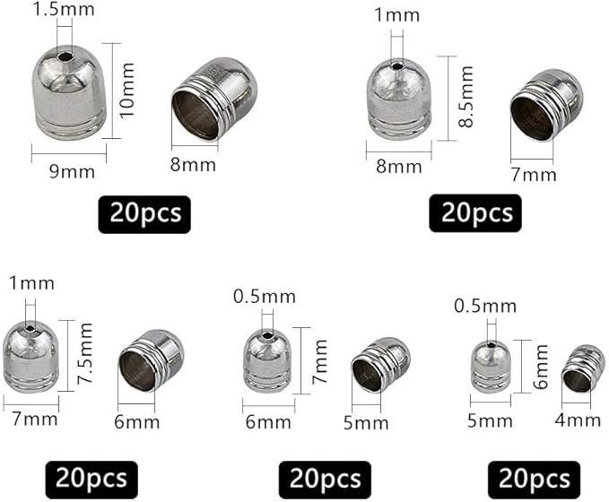 UNICRAFTALE Stainless Steel Cord Ends - 100pcs Leather End Caps 4/5/6/7/8mm Inner Diameter Terminators for Jewelry Making Kit, Stainless Steel Color