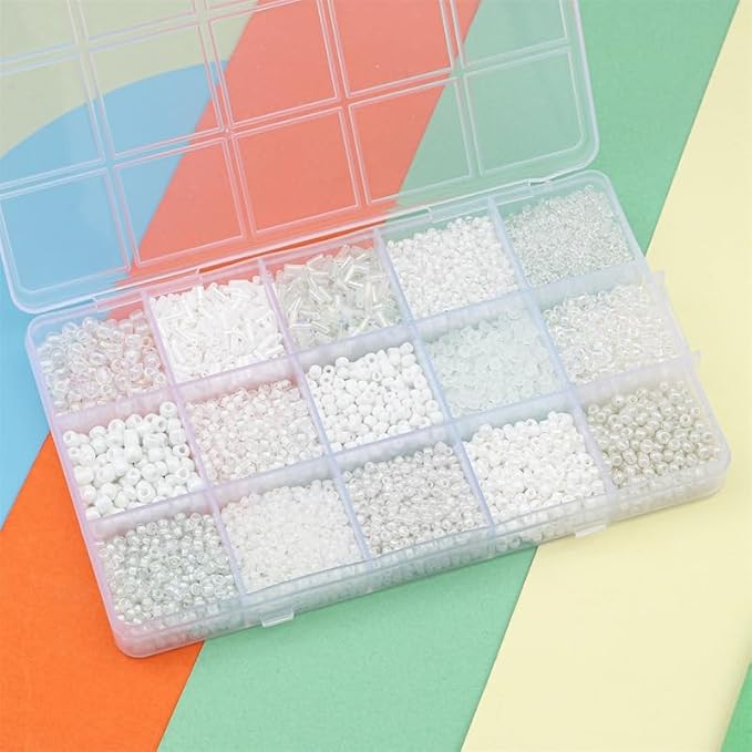 Mix 15 Color Glass Seed Tube Beads Glass Bugle Beads Loose Kit for Jewelry Making DIY Craft Beading (Mix 15 Color, White)