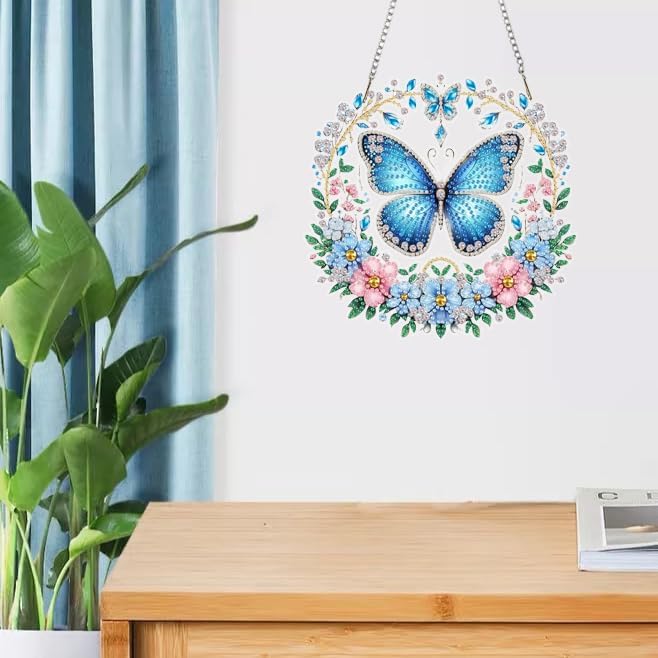 Masendp Hanging Diamond Art Set, Butterfly Flower 5D Special Shape Diamond Art Painting Window Pendant, DIY Double Sided Diamond Artist Home Garden Wall Hanging Decoration