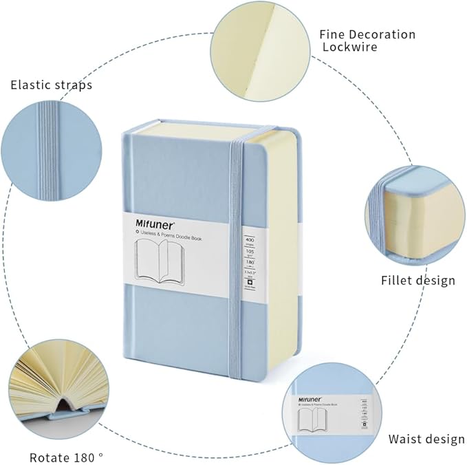 Mifuner Small Rectangle 3.5x5.5 200 Sheets 105gsm Mini Notebooks Blank Pages Sketchbooks Pocket Paint Writing Diary Memo PU Leather Cover Blue