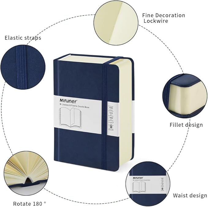 Mifuner Small Rectangle 3.5x5.5 200 Sheets 105gsm Mini Notebooks Blank Pages Sketchbooks Pocket Paint Writing Diary Memo PU Leather Cover Deep Blue
