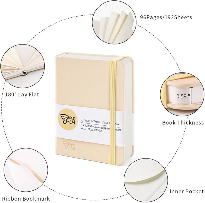 Small Blank Notebook, 96Pages, Hardcover Sketch Book for Drawing, 5.7x4.1 Pocket Journal Notebook for Travel, 180gsm Thick Paper Diary Notebooks for Work, Leather Cover Memo for Writing. Beige