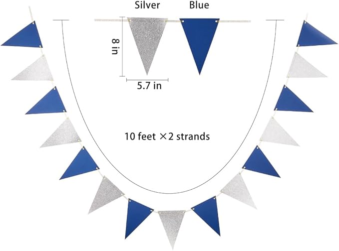 MOWO Silver Blue Pennant Banner Paper Bunting Hanging Decoration for Birthday Graduation Retirement New Year's Party, Pack of 30 Counts Pennant, 20 feet
