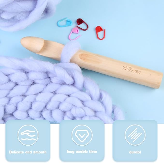 Wooden Crochet Hooks, 25mm Wooden Handle Crochet Hook Bamboo Knitting Crochet Needles with 10 pcs Knitting Stitch Markers for Handcraft Crocheting