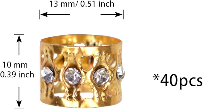 40 Pcs Golden Dreadlocks Beads Rhinestone Hair Rings Aluminum Adjustable Metal Hair Cuffs Beads Rings for Braids Hair Clip Decoration