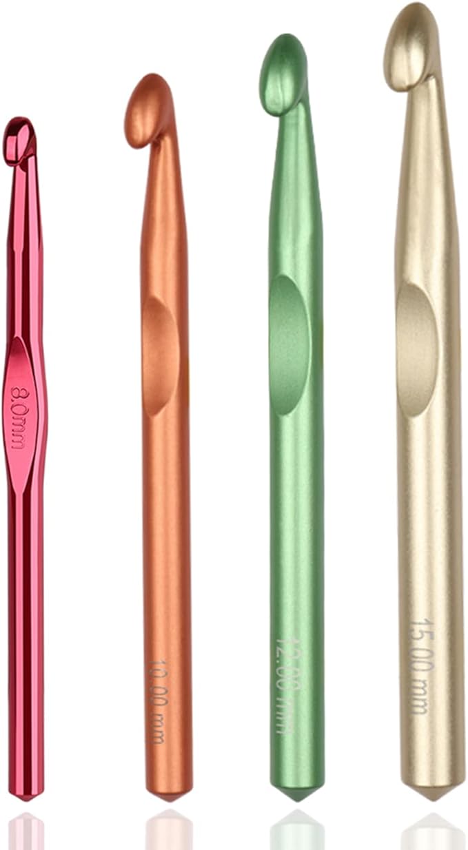 Large Sizes Crochet Hooks 4 pcs Long Crochet Needles Set QLRFFLJOY 8mm 10mm 12mm 15mm Aluminum Alloy Crochet Hook DIY Yarn Weaving Tools for Knitting Blanket, Shawl and Carpet