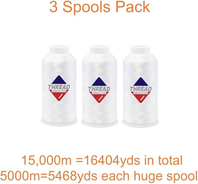 Sissewpro 40WT Machine Embroidery Thread 3 Big Spool (5,000M Each 15,000M Total) – 3 x White Polyester Embroidery Machine Thread 120D/2 for Commercial & Home Embroidery Machines