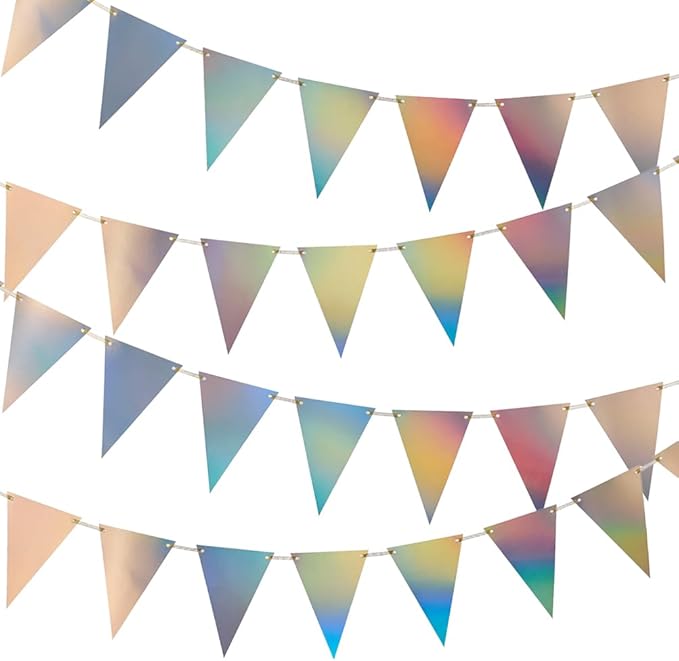 MOWO Laser Silver Pennant Banner Holographic Paper Bunting Hanging Decoration for Birthday Graduation Retirement New Year's Valentine's Day Party, Pack of 30 Counts Pennant, 20 feet