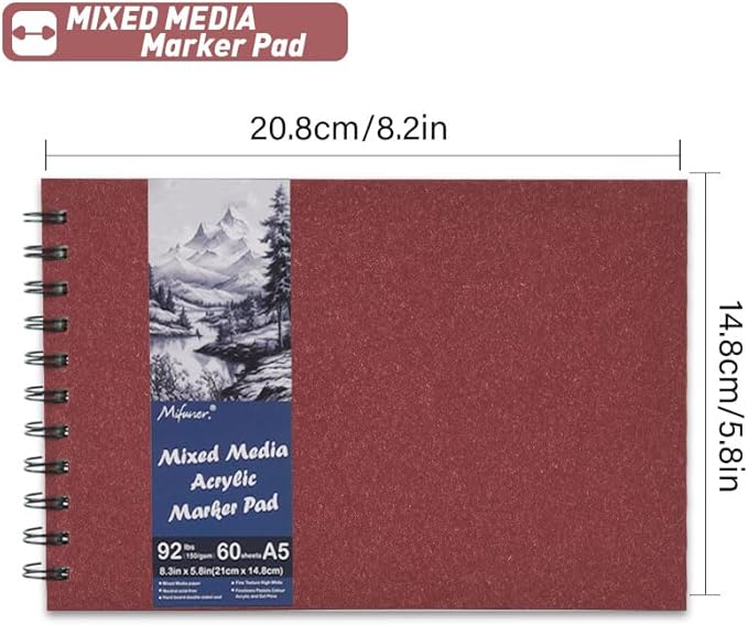 5.8" x 8.3" Mixed Media Sketch Book,Spiral Bound Hardcover Sketchbook,60 Sheets 92lb/150gsm Neutral White Acid Free Paper,Art Journal Sketchbook for Drawing Writing Sketching Illustration,Wine Red