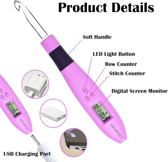 17 sizes digital crochet hooks with counter 2.50~14.0mm, lighted crochet hooks for stitch & row counting