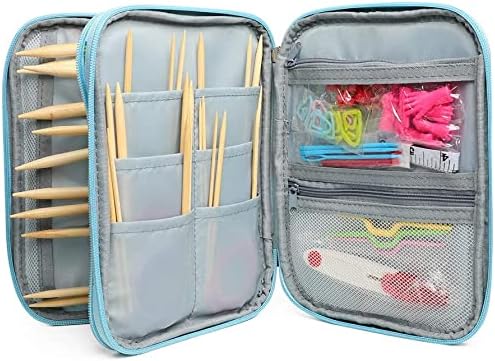 Knitting Needles & Crochet Hooks Organizer Zipper Bag, Portable Travel Storage Pouch for Circular Needles, Hooks, Accessories & Sewing Tools (Blue Sheep)
