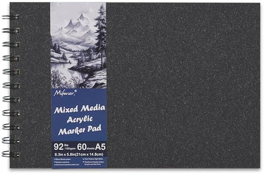 5.8" x 8.3" Mixed Media Sketch Book,Spiral Bound Hardcover Sketchbook,60 Sheets 92lb/150gsm Neutral White Acid Free Paper,Art Journal Sketchbook for Drawing Writing Sketching Illustration,Black