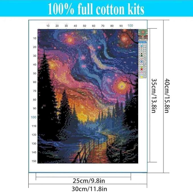 Stamped Cross Stitch Kits for Adults - Starry Night Scene Embroidery Kits for Beginners Adults,11 CT Patterns Dimensions Counted Cross Stitch Kits for Arts Craft Kits 12x16 inch