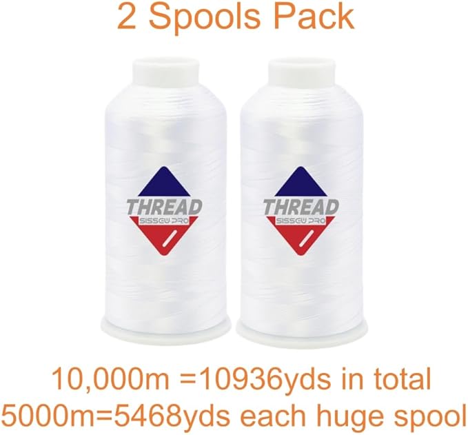 Sissewpro 40WT Machine Embroidery Thread 2 Big Spool (5,000M Each 10,000M Total) – 2 x White Polyester Embroidery Thread 120D/2 for Commercial & Home Embroidery Machines