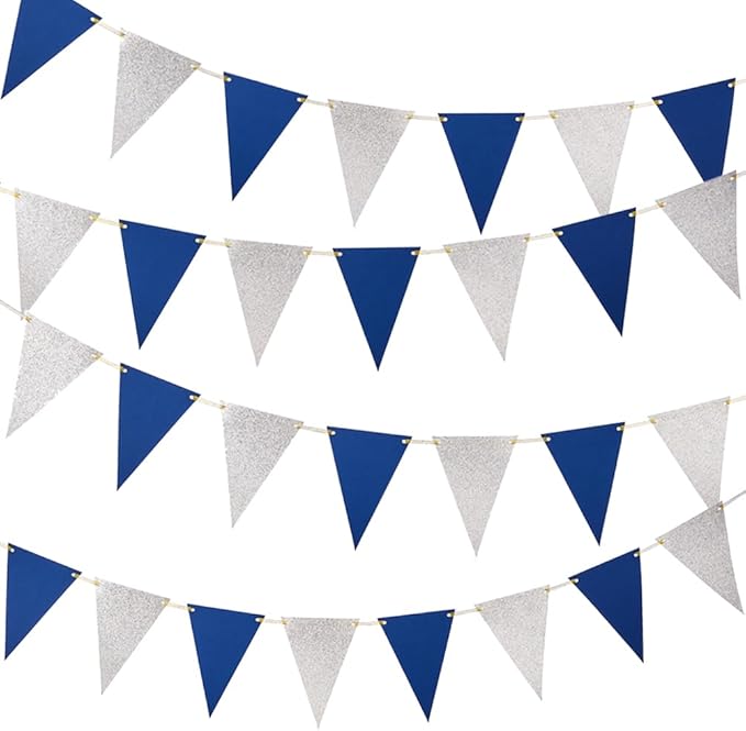MOWO Silver Blue Pennant Banner Paper Bunting Hanging Decoration for Birthday Graduation Retirement New Year's Party, Pack of 30 Counts Pennant, 20 feet