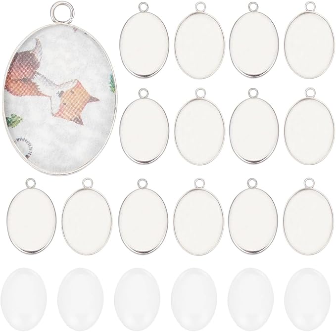 SUNNYCLUE 1 Box 80Pcs Bezel Trays Oval Pendant Tray Set Stainless Steel Pendant Blanks Photo Charm Cabochon Settings Blank Bezel Charms with Glass Cabochons for Jewelry Making DIY Findings