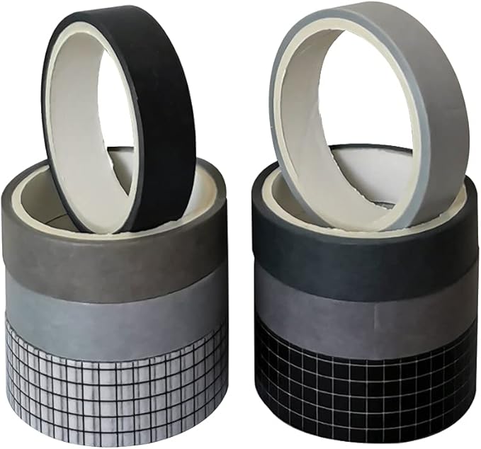 8 Rolls Washi Tape Set Basic Solid Color Black&White Plaid Grid Adhesive Decoration Label Masking Tapes for Journals Scrapbooks Planners Art Craft DIY Album Crafts Project