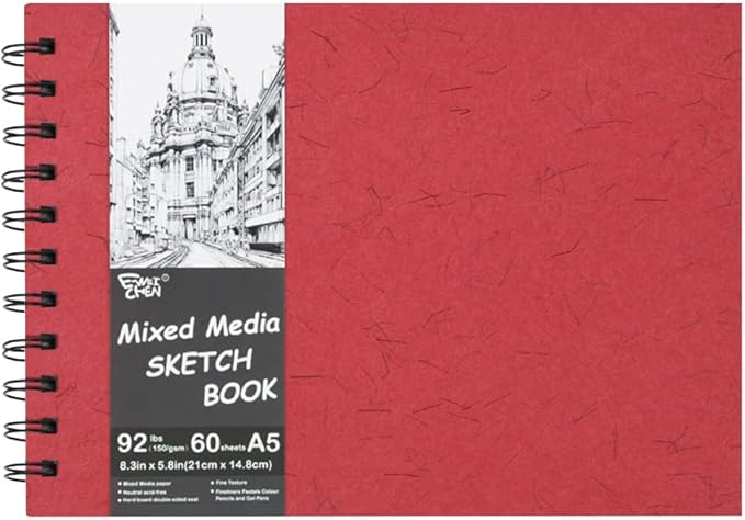 5.8x8.3in Sketch Book, 60Sheets Spiral Bound Notebooks, Natural White 92lbs/150gsm Acid-Free Drawing Paper for Painting,Sketching, Professional Sketch Pad for Artists, Beginners. NW-Red