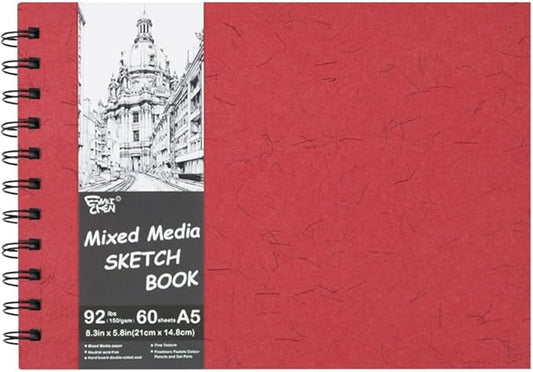 5.8x8.3in Sketch Book, 60Sheets Spiral Bound Notebooks, Natural White 92lbs/150gsm Acid-Free Drawing Paper for Painting,Sketching, Professional Sketch Pad for Artists, Beginners. NW-Red