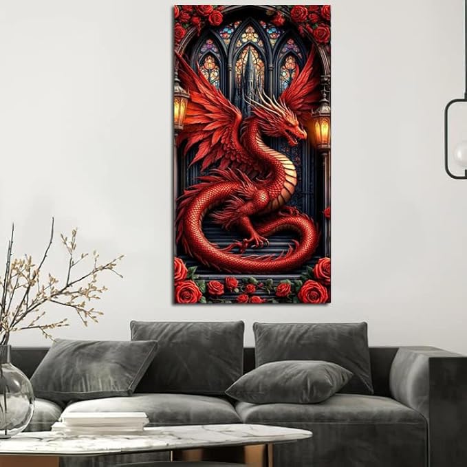 KUFWKEY Fantasy Dragon Diamond Art Kits for Adults,Gothic Stained Rose Diamond Painting Kits,Full Round Diamond Mosiac Kits,DIY Handicrafts,Gem Art and Crafts,Large Size 16x28inch