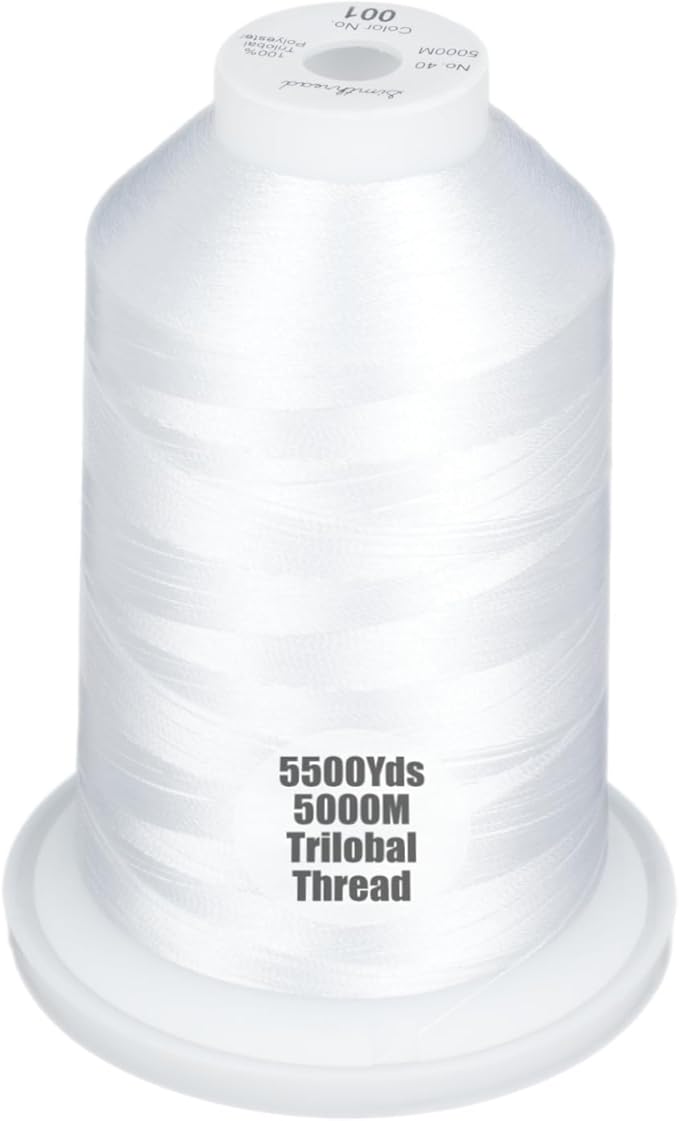 Simthread Trilobal Polyester Thread – 5000M (5500yds) No.40 – Super Sheen, Tangle-Free – Built-in Thread Lock Spool – Compatible with Brother, Singer, Janome & More, White-001