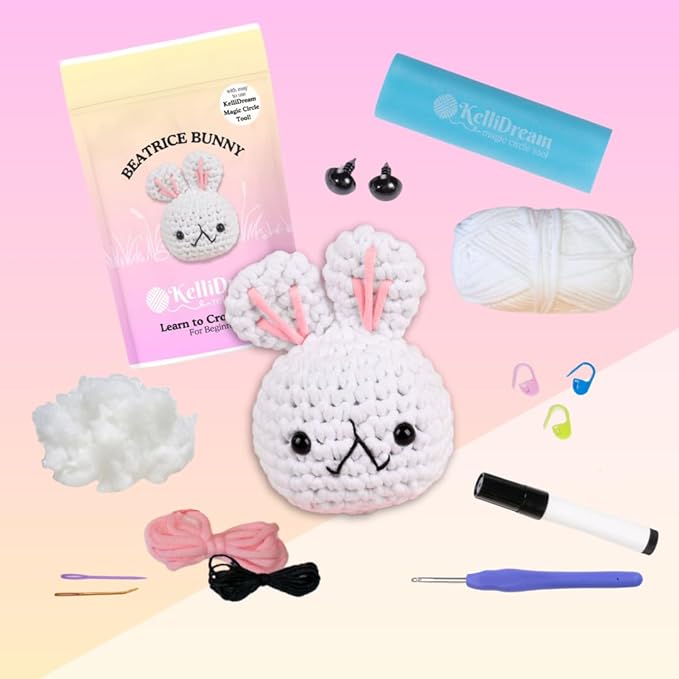 KelliDream Learn to Crochet Kit for Beginner Adults with Magic Circle Tool; Step-by-Step Video Tutorials; All Supplies to Make Cute Amigurumi (Bunny)