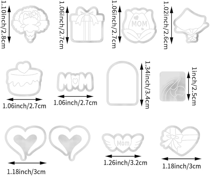 Mother’s Day Polymer Clay Cutters & Stamp Set - 12pcs Sharp & Durable Mom, Heart, Cake, Carnation & Gift Shapes for DIY Earring Jewelry Making, Soft Clay Crafts & Holiday Supplies