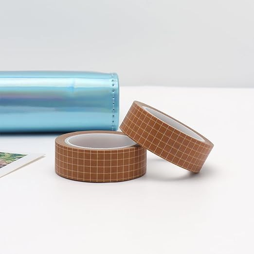 Mogoostry 2 Rolls Plaid Washi Tapes 0.6inch Width Brown Adhesive Paper Grid Decorative Masking Tapes for DIY Craft Party Decor Gift Wrapping Box Label