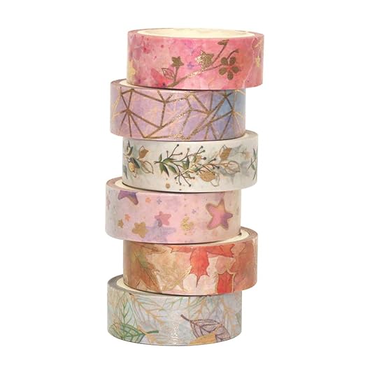YUBBAEX Floral Gold Washi Tape Set 6 Rolls VSCO Foil Masking Tape Decorative for Arts, DIY Crafts, Journal Supplies, Planners, Scrapbook, Card/Gift Wrapping -15mm- (Romantic Flowers)