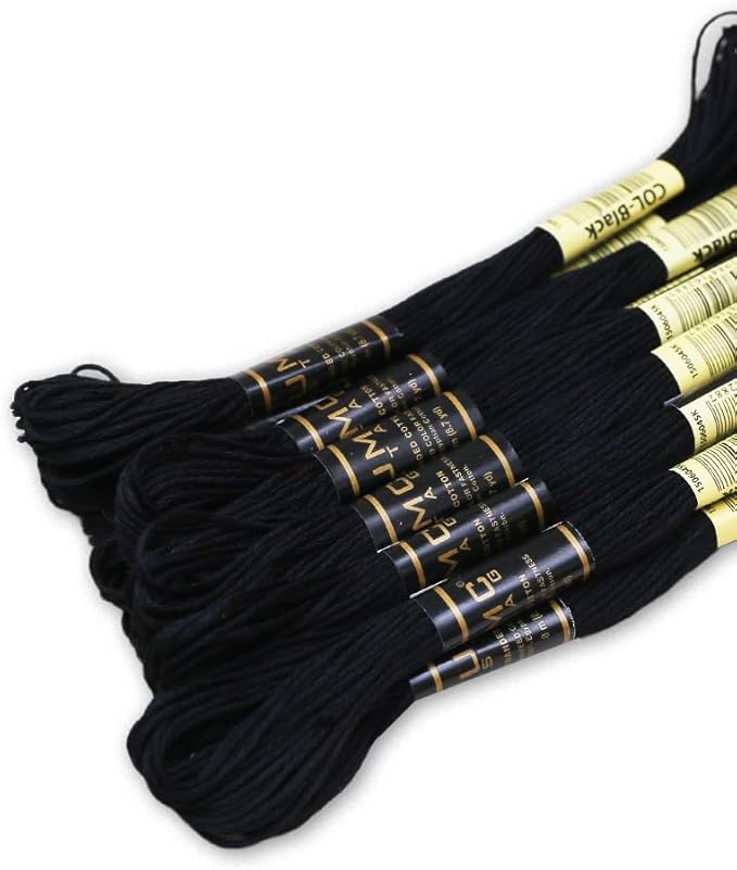 Pack of 12 Black Premium Embroidery Thread | 100% Egyptian Cotton Premium Skeins | Cross Stitch Embroidery Floss | Oeko TEX Certified Stranded Cotton | Ideal for Arts & Crafts (Black-12)