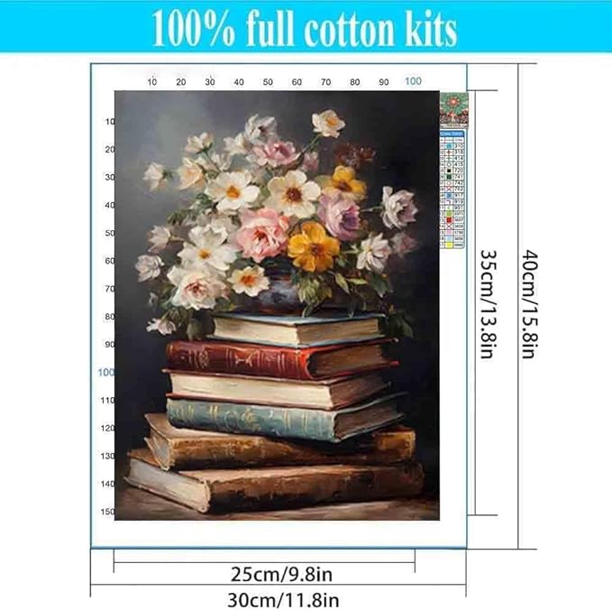 Stamped Cross Stitch Kits for Adults - Book Flower Embroidery Kits for Beginners Adults,11 CT Patterns Dimensions Counted Cross Stitch Kits for Adults Arts Craft 12x16 inch