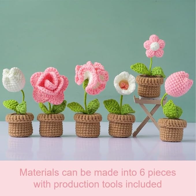 Crochet Set - Beginner Friendly Crochet Set with Step-by-Step Teaching Videos and Crochet Pattern Manuals (Pink Small Potted Plant)