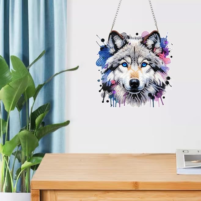 Masendp Wolf Diamond Art Pendant Kit, 5D DIY Special Shape Diamond Art Kit for Adults, Crystal Rhinestone Wolf Diamond Painting Animal Gem Artist Home Decorations