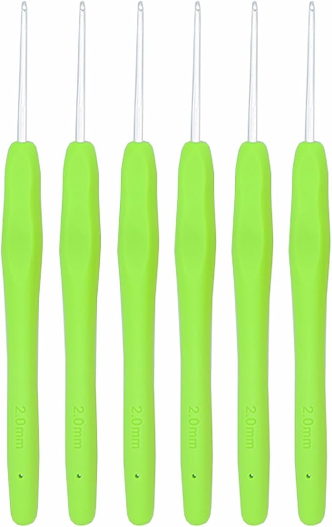 6Pcs 2mm Aluminum Soft Grip Rubber Ergonomic Handle Crochet Hook Knitting Needles US Size B (Size 1) for DIY Yarn Craft,Nice Gift for Women Adults Kids Children Beginners (Green)