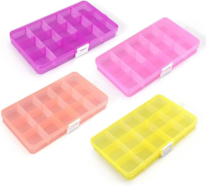 Opret 15 Girds SMALL Jewelry Organizer Earring Storage(4 Pack), Bead Organizer Box, Plastic Container with Adjustable Dividers for Crafts Jewelry Screws Fishing Tackles Small Items, Size 6.9×3.9×0.9in