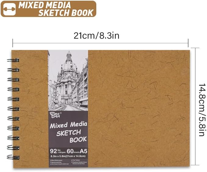 5.8" x 8.3" Mixed Media Sketch Book,Spiral Bound Hardcover Sketchbook,60 Sheets 92lb/150gsm Neutral White Acid Free Paper,Art Journal Sketchbook for Drawing Writing Sketching Illustration,Turmeric