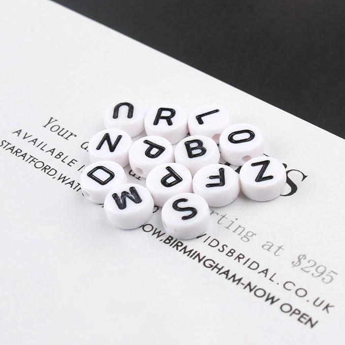 Song Xi 1200pcs White Round Acrylic Alphabet Beads - Black Letter Beads 4x7mm for Bracelets and Jewelry Making Key Chains