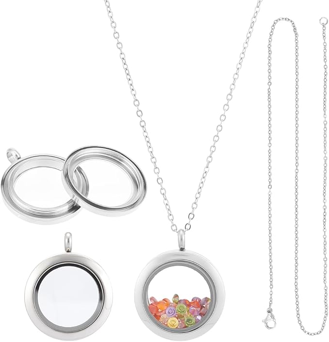 UNICRAFTALE 2 Sets Stainless Steel Memory Locket Charm Flat Round DIY Picture Photo Necklace Making Kit Chain Necklace with Crystal Double Sided Frame Glass Container Floating Charms for Lockets
